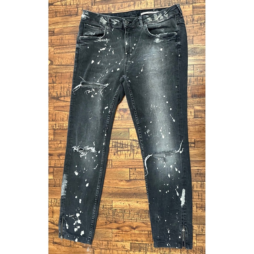 Zara Woman Black Distressed Paint Splatter Jeans Slim Fit Made in Turkey Size 10